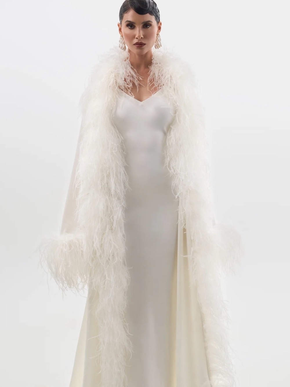 Bridal Gown with Feather-Trim Cape and Slip dress
